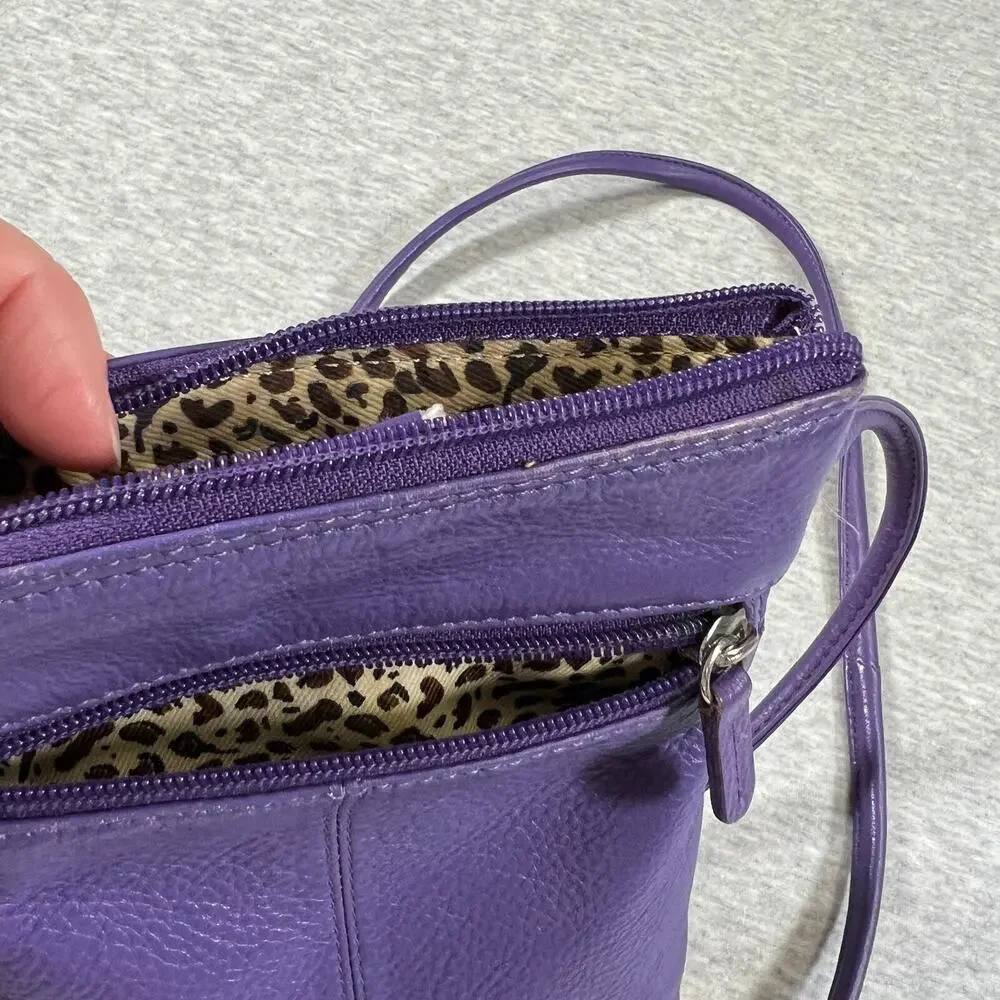 ILI NY Crossbody Bag Purple‎ Pebbled Leather Leopard Lining 8